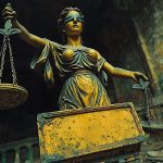 A weathered statue of Lady Justice stands in a decaying building covered in graffiti, symbolizing the erosion of integrity and the manipulation of justice by corrupt regimes.