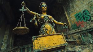 A weathered statue of Lady Justice stands in a decaying building covered in graffiti, symbolizing the erosion of integrity and the manipulation of justice by corrupt regimes.