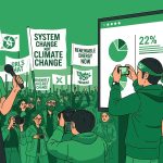 Illustration of climate activists at a protest holding signs like “There Is No Planet B” and “System Change Not Climate Change,” symbolizing the rise of Western environmental movements potentially influenced by foreign funding.
