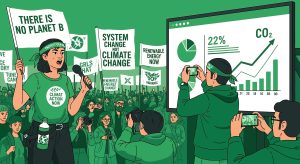 Illustration of climate activists at a protest holding signs like “There Is No Planet B” and “System Change Not Climate Change,” symbolizing the rise of Western environmental movements potentially influenced by foreign funding.