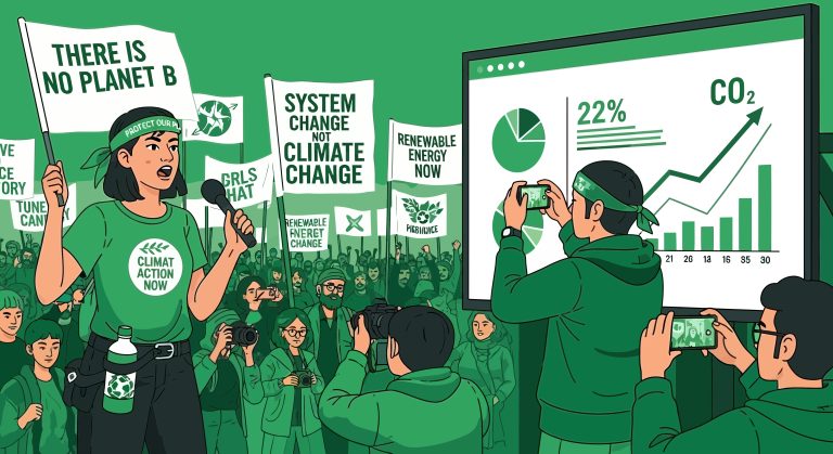 Illustration of climate activists at a protest holding signs like “There Is No Planet B” and “System Change Not Climate Change,” symbolizing the rise of Western environmental movements potentially influenced by foreign funding.
