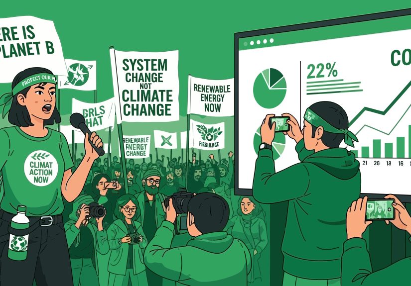 Illustration of climate activists at a protest holding signs like “There Is No Planet B” and “System Change Not Climate Change,” symbolizing the rise of Western environmental movements potentially influenced by foreign funding.